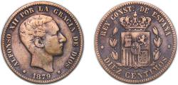World Coins - Spain Kingdom 1879 OM 10 Centimos - Alfonso XII Bronze (95% copper, 4% tin, 1% zinc) Barcelona Mint (56313000) 9.57g VF KM 675 Cal 66
