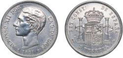 World Coins - Spain Kingdom 1881 *18-81 MSM 5 Pesetas - Alfonso XII (2nd portrait) Silver (.900) Madrid Mint (699000) 24.85g AU KM 676 Cal 28