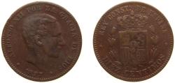 World Coins - Spain Kingdom 1877 OM 10 Centimos - Alfonso XII Bronze (95% copper, 4% tin, 1% zinc) Barcelona Mint (29567000) 10g VF KM 675