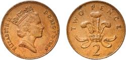 World Coins - Great Britain Kingdom of England 1989 2 Pence - Elizabeth II (3rd portrait; non-magnetic) Bronze Royal Mint (359226000) 7.18g XF  KM 936 Sp C3