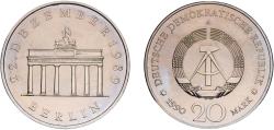 World Coins - Germany German Democratic Republic Democratic republic 1990 A 20 Mark - Brandenburg Gate (Nickel Brass) Nickel brass Berlin Mint (302005) 15.22g UNC  KM 139