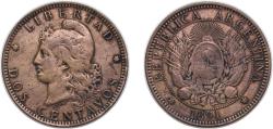 World Coins - Argentina Federal Republic 1891 2 Centavos Bronze (8050000) 10g VF KM33