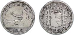 World Coins - Spain Provisional Government 1869 SN-M 1 Peseta - Provisional Government (ESPAÑA) Silver (.835) Madrid Mint (367000) 4.72g VF  KM 653