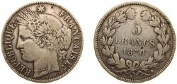 World Coins - France Third Republic 1871 K 5 Francs Silver (.900) Bordeaux Mint (604313) 25g VF F 332 Gad 742 KM 818.2