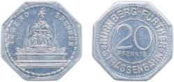 World Coins - Nuremberg and Fürth, Cities of ND 20 Pfennig - Tugend Brunnen (Nürnberg-Fürth) Aluminium L. Chr. Lauer Mint (10000) 1.2g AU Men05 19256.42 Men18 24102.42 Eklund 1281