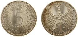 World Coins - Germany Federal Republic of Germany 1974 F 5 Deutsche Mark Silver (.625) (Copper .375) Stuttgart Mint (6514000) 11.2g BU KM 112 J 387 Schön 110