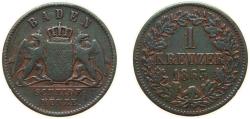 World Coins - Germany Grand-duchy of Baden German states 1863 1 Kreuzer - Friedrich I Copper (765370) 4g VF KM 242 AKS 132