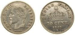 World Coins - France Second Empire 1867 A 20 Centimes - Napoleon III Silver (.835) Paris Mint (5611381) 1g XF F 150 Gad 309 KM 808.1