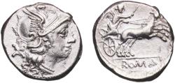 Ancient Coins - Rome Roman Republic 157 BC - 156 BC AR Denarius (Anonymous; ROMA) Silver Rome Mint 3.63g AU  RRC 197/1 CRR 376 RSC 6 RCV I 76 RBW 846 BMC RR 428-433
