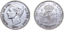 World Coins - Spain Kingdom 1881 *18-8? MSM 5 Pesetas - Alfonso XII (2nd portrait) Silver (.900) Madrid Mint (699000) 25g VF KM676