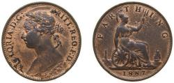 World Coins - Great Britain 1887 1 Farthing - Victoria (2nd portrait; 2nd type) Bronze Royal Mint (Tower Hill) (1340800) 2.83g XF KM753 Sp3958/9
