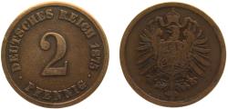 World Coins - Germany Second Empire Wilhelm I 1875 A 2 Pfennig type 1, large shield 3.2g