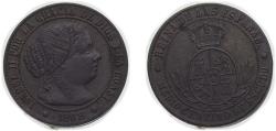 World Coins - Spain Kingdom 1868 OM ½ Centimo de Escudo - Isabel II Bronze Seville Mint 1.25g AU KM 632.5