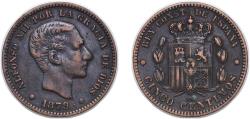 World Coins - Spain Kingdom 1879 OM 5 Centimos - Alfonso XII Bronze (95% copper, 4% tin, 1% zinc) Barcelona Mint (54994000) 5.06g XF KM 674 Cal 70