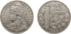 World Coins - France Third Republic 1905 25 Centimes Nickel Paris Mint (8000000) 7.02g XF Franc 2014 169/3
