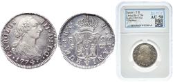 World Coins - Spain Kingdom 1774 SCF 2 Reales - Carlos III (2nd type) Silver (.813) Seville Mint 5.71g NCV AU 50 KM 412.2 Cal 1443 Aureo 782