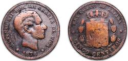 World Coins - Spain Kingdom 1878 OM 5 Centimos - Alfonso XII Bronze (95% copper, 4% tin, 1% zinc) Barcelona Mint (67954000) 4.88g VF KM 674 Cal 70