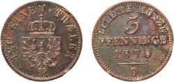 World Coins - Germany Kingdom of Prussia German states 1870 C 3 Pfenninge - William I Copper Frankfurt am Main Mint 4.44g XF Scratches  AKS 106 Old/Mue 2 424, 427, 431 KM 482 Neum 17 Schr 162-1