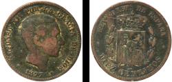 World Coins - Spain Kingdom 1877 OM 10 Centimos - Alfonso XII Bronze (95% copper, 4% tin, 1% zinc) Barcelona Mint (29567000) 9.74g F  KM 675 Cal 66