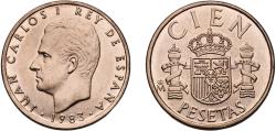 World Coins - Spain Kingdom 1983 M 100 Pesetas - Juan Carlos I (value as "CIEN") Aluminium bronze (88.4% copper, 5% nickel, 5% aluminium, 1% iron, 0.6% manganese) Madrid Mint (182000000) 9.25g