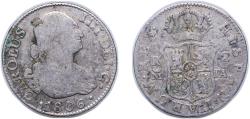 World Coins - Spain Kingdom 1806 M FA 2 Reales - Carlos IV Silver (.806) Madrid Mint 5.8g VF KM 430.1