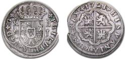 World Coins - Spain Kingdom 1721 S J 2 Reales - Felipe V (1st type) Silver (.833) Seville Mint 5.5g VF KM307