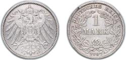 World Coins - Germany Germany - 1871-1948 Weimar Republic 1907 J 1 Mark - Wilhelm II (type 2 - small shield / large eagle) Silver (.900) (Ag 900, Cu 100) Hamburg Mint (1833265) 5.49g XF KM 14 A