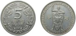 World Coins - Germany Weimar Republic 1925 A 5 Reichsmark (Rhineland) Silver (.500) Berlin Mint (683733) 25g AU KM 47 AKS 60 J 322 Schön DM 48