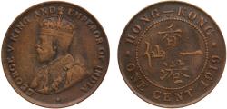 World Coins - China  Hong Kong British colony 1919H 1 Cent - George V (large type) Bronze Heaton's Mint 7.53g XF KM16
