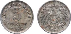 World Coins - Germany Germany - 1871-1948 1916 E 5 Pfennig - Wilhelm II (type 2 - small shield) Iron Muldenhütten Mint (2271795) 2.5g AU KM 19 AKS 17 J 297 Schön DM 20 Neum 33