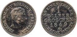 World Coins - Germany Kingdom of Prussia 1849 A 1 Silbergroschen - Frederick William IV Billon (.222 silver) Berlin Mint 2g VF  AKS 85 Old/Mue 2 321, 325 Jaeg 9 Pr 66 KM 435 Neum 14