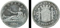 World Coins - Spain Provisional Government 1870 DEM 2 Pesetas - Provisional Government Silver (.835) Royal Mint of Spain (14892932) 9.41g F  KM 654