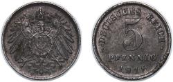 World Coins - Germany Germany - 1871-1948 Second Empire 1916 F 5 Pfennigs - Wilhelm II (type 2 - small shield) Zinc clad iron (Iron sheradised with zinc) Staatliche Münze Baden-Württemberg Mint