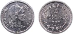 World Coins - Spain Second Republic 1937 2 Pesetas (Basque Country, Autonomous, Euzkadi) Nickel Brussels Mint (2000000) 8.04g XF Rim Damage KM 2
