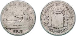 World Coins - Spain Provisional Government 1869 SN-M 1 Peseta - Provisional Government (ESPAÑA) Silver (.835) Madrid Mint (367000) 4.61g F KM 653 Cal 15