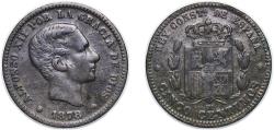 World Coins - Spain Kingdom 1878 OM 5 Centimos - Alfonso XII Bronze (95% copper, 4% tin, 1% zinc) (67954000) 4.99g VF  KM 674 Cal 70