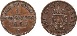World Coins - Germany Kingdom of Prussia German states 1869 A 1 Pfenning - Wilhelm I Copper Berlin Mint 1.45g XF  AKS 108 Old/Mue 2 426, 429, 433 KM 480 Kahnt/Schön 84 Neum 19