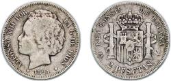 World Coins - Spain Kingdom 1894 PGV 2 Pesetas - Alfonso XIII (2nd portrait) Silver (.835) Madrid Mint (279000) 9.82g VF  KM 704 Cal 33