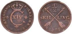 World Coins - Sweden Kingdom 1822 ½ Skilling - Charles XIV Johan Copper 6.82g VF KM 596