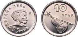 World Coins - Spain Kingdom 1994 M 10 Pesetas (Pablo de Sarasate) Copper-nickel (75% copper, 25% nickel) Royal Mint of Spain (3050000) 4g UNC  KM 932 Schön 182