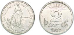 World Coins - Asturias and León, Provinces of 1937 2 Pesetas (Asturias and León) Copper-nickel (400000) 0.19g UNC  KM 3