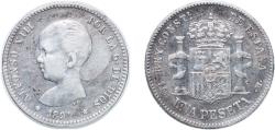 World Coins - Spain Kingdom 1891 *??-91 PGM 1 Peseta - Alfonso XIII (1st portrait) Silver (.835) (4948225) 4.86g VF KM 691 Cal 36