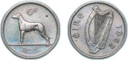 World Coins - Ireland Republic 1962 Reul / 6 Pingine Copper-nickel (4000000) 4.53g XF KM 13a Sp 6641