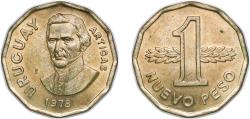 World Coins - Uruguay Oriental Republic of Uruguay 1978 So 1 Nuevo Peso Aluminium bronze Casa de Moneda de Chile Mint (19940000) 11g UNC KM 69 Schön 51