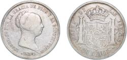 World Coins - Spain 1854 20 Reales - Isabel II Silver (.900) Madrid Mint (1355000) 25.67g VF KM 593 Cal 151