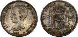 World Coins - Spain Kingdom Alfonso XIII 1891 *18-91 PGM 5 Pesetas 1st portrait