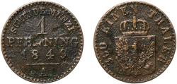 World Coins - Germany Kingdom of Prussia German states 1849 A 1 Pfenning - Frederick William IV Copper Berlin Mint 1.28g VF  KM 451 Old/Mue 2 337, 349 AKS 92 Kahnt/Schön 49 Neum 38