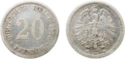 World Coins - Germany Second Empire 1874 F 20 Pfennig - Wilhelm I (type 1 - large shield) Silver (.900) (Ag 900, Cu 100) Staatliche Münze Baden-Württemberg (7222398) 1.09g VF  KM 5 AKS 8 J 5 Sc