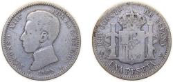 World Coins - Spain Kingdom 1905 *19-0? SMV 1 Peseta - Alfonso XIII (4th portrait) Silver (.835) Madrid Mint (492000) 5g VF KM721