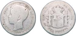 World Coins - Spain Kingdom 1899 SGV 1 Peseta - Alfonso XIII (3rd portrait) Silver (.835) Madrid Mint 4.7g F KM 706